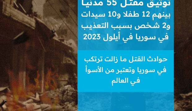 الشبكة السورية لحقوق الإنسان توثق مقتل 55 مدنيا بينهم 12 طفلا و10 سيدات و2 شخص بسبب التعذيب في سوريا في أيلول 2023.